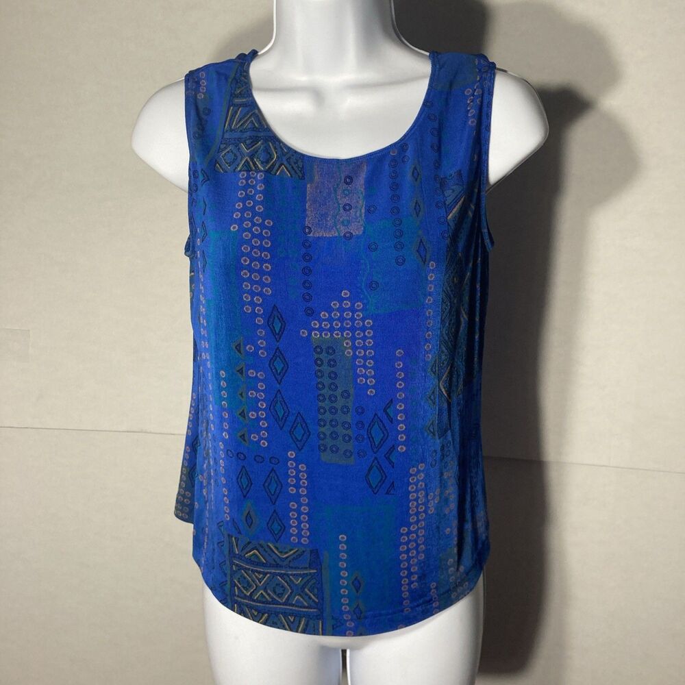 CHRISTINA HOPE blue multicolor geometric scoop neck sleeveless stretchy top PM
